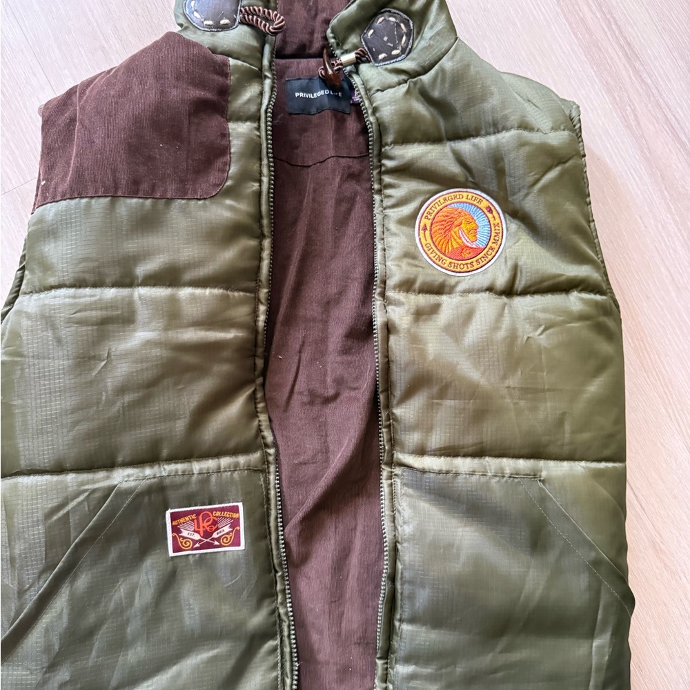 Privileged Olive Green Quilted Puffer Vest with Brown Trim